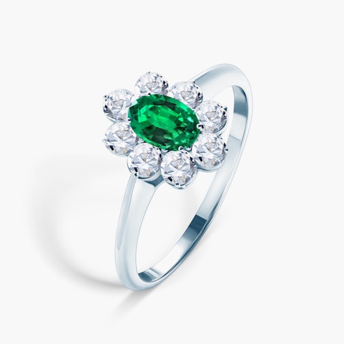 Pierścionek zaręczynowy SAVICKI: białe złoto, szmaragd, białe szafiry